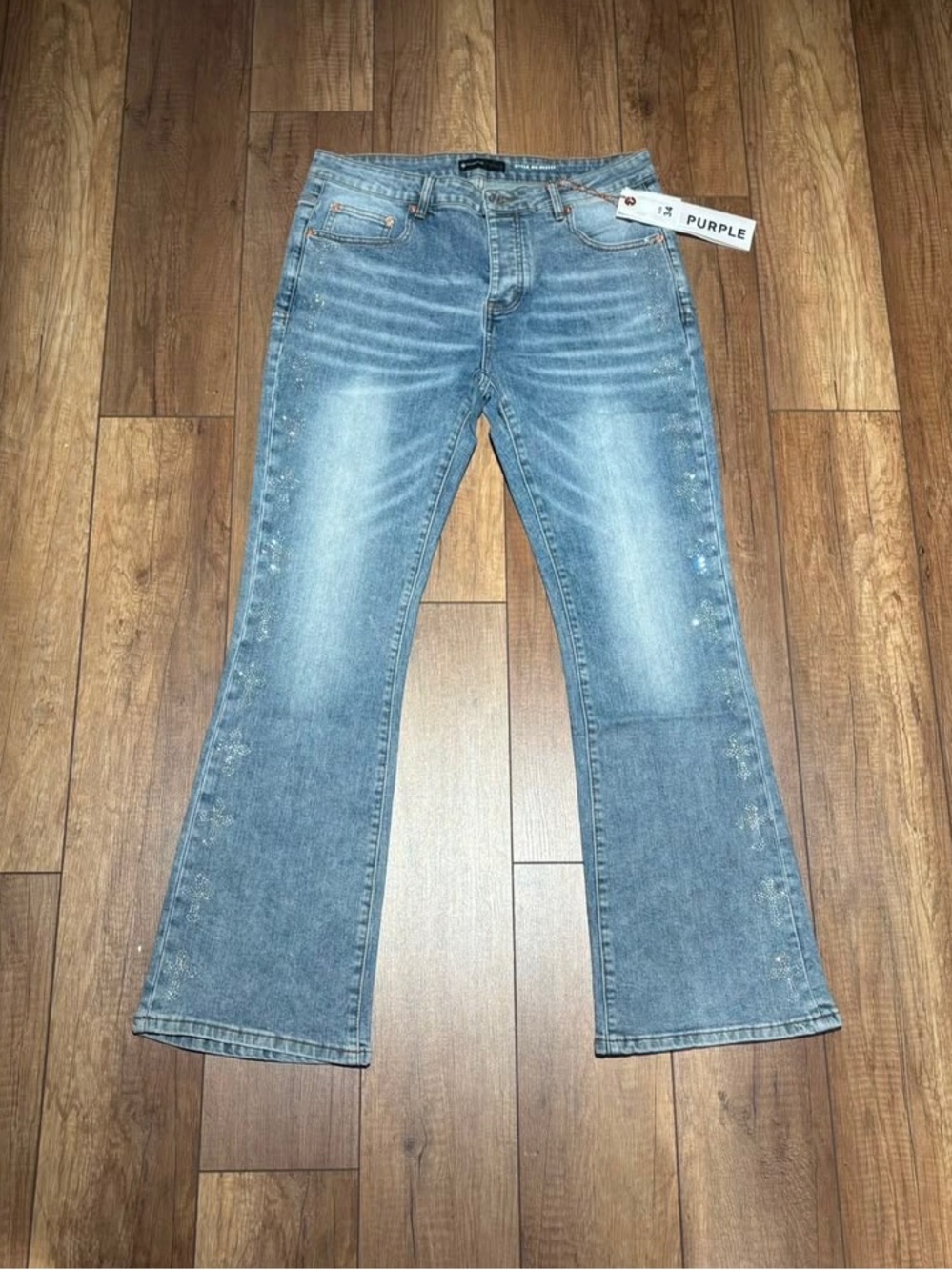 Purple Brand Blue Flared Jeans with Crosses on Sides Brand New Waist Size 34